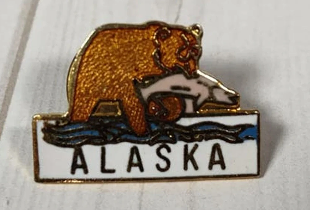 Alaska Bear with Fish Pin for a Hat, Lapel, Apron, Lanyard, Jacket or Backpack